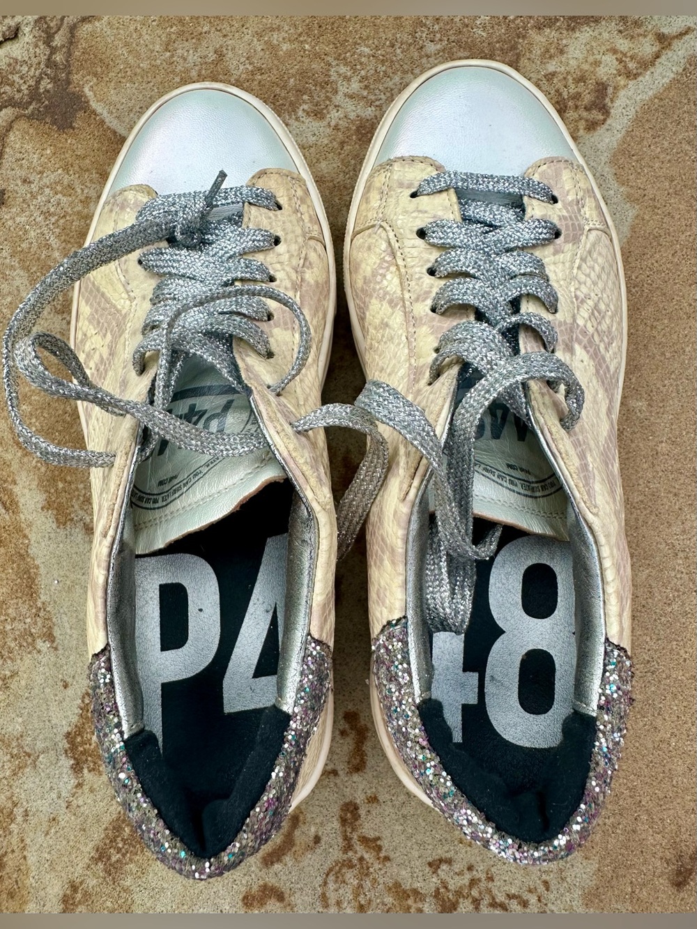 P448 ✨ S21 Thea W Cream/ Tan Snake Print ✨ Glitter Heels ✨ Size 38